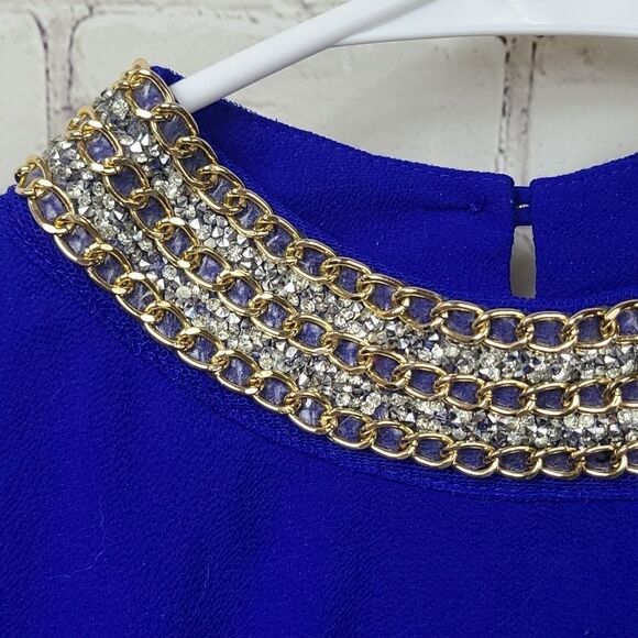 Moa Moa Cobalt Blue Crystal Gold Chain Neck Crepe Blouse Dressy Career Top Suit - Picture 2 of 9